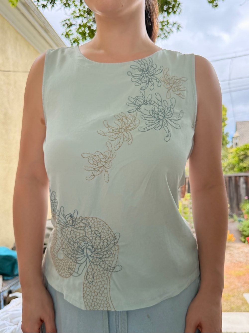 XCVI Mint Green Sleeveless Tank with Embroidered Floral Detail